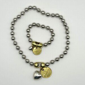Twisted Silver Necklace and Bracelet Set Mixed Metal Ball Chain Heart Charm Tag